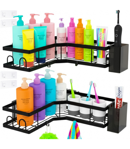 Półka łazienkowa na kosmetyki, pod prysznic, narożna, wisząca, 2 elementy, czarna, Loft, bez wiercenia, Ruhhy 27092 18749