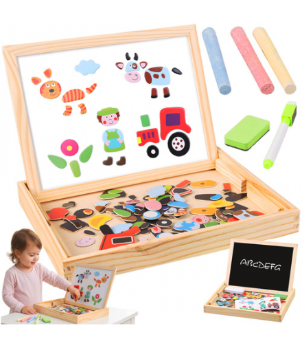 Tablica edukacyjna, magnetyczna, dwustronna, 108 elementów w drewnianej skrzynce, Kruzzel 25637 18762