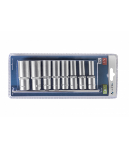 Zestaw kluczy nasadowych 12-kątnych długich 1/2 8szt Hogert HT4R051 CrV 10-24mm 77mm długość satynowe