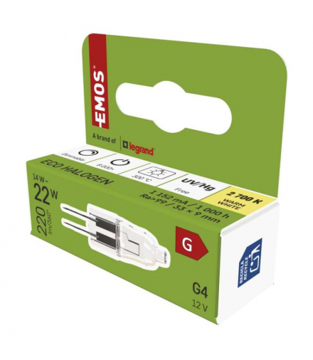 Żarówka halogenowa JC, G4, 14W, ciepła biel 2700K, 200lm, do 300°C, EMOS ZE0505A