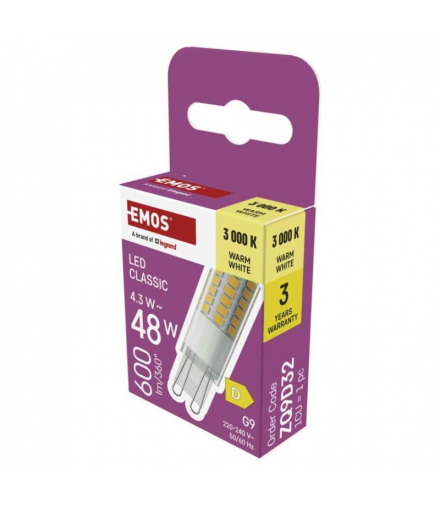 Żarówka LED Classic JC, G9, 4.3W (odpowiednik 48W), 600lm, ciepła biel 3000K, EMOS ZQ9D32