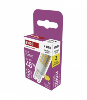 Żarówka LED Classic JC, G9, 4.3W (odpowiednik 48W), 600lm, neutralna biel 4000K, EMOS ZQ9D33