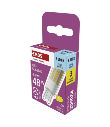 Żarówka LED Classic JC, G9, 4.3W (odpowiednik 48W), 600lm, zimna biel 6500K, EMOS ZQ9D34