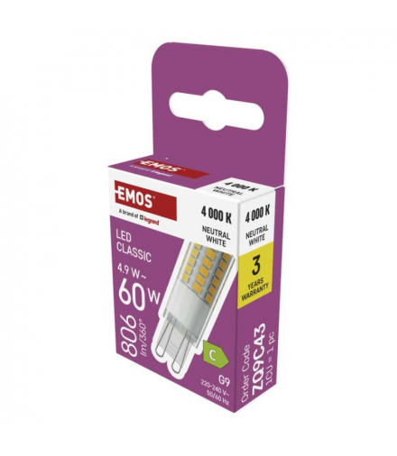 Żarówka LED Classic JC, G9, 4.9W, (odpowiednik 60W), 806lm, neutralna biel, 4000K, EMOS ZQ9C43