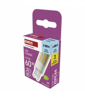 Żarówka LED Classic JC, G9, 4.9W, (odpowiednik 60W), 806lm, zimna biel 6500K, EMOS ZQ9C44