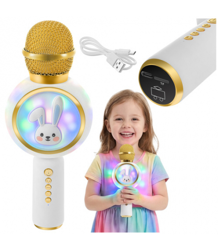 Mikrofon do karaoke dla dzieci, bezprzewodowy, z głośnikiem bluetooth, kolorowe podświetlanie RGB, 4 tryby modulacji, funkcją magicznego głosu, USB-C, królik, biały Izoxis 27047 18784