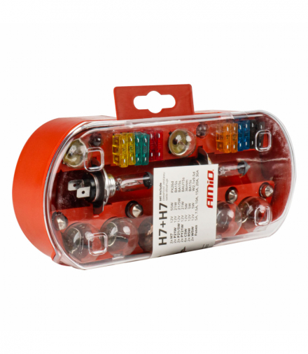 Zestaw zasobnik komplet żarówek zapasowych bezpieczniki 30 szt. H7 + H7 AMiO 03959