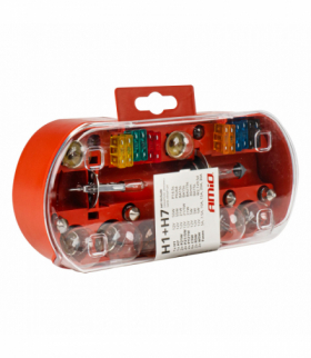 Zestaw zasobnik komplet żarówek zapasowych bezpieczniki 30 szt. H7 + H1 AMiO 03960