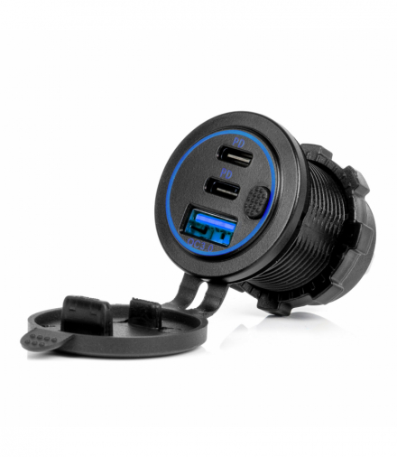 Ładowarka samochodowa z gniazdami USB wodoodporna z włącznikiem USB + 2x USB-C QC3.0 12V 24V AMiO 04596
