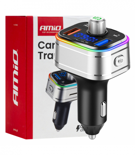 Transmiter samochodowy FM 2×USB-A 1×USB-C microSD 12V 24V AMiO 04652