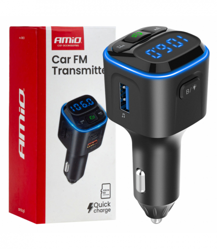 Transmiter samochodowy FM microSD 1×USB-A 2×USB-C 12V 24V AMiO 04651