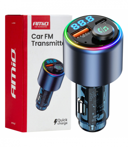 Transmiter samochodowy FM 1×USB-A 1×USB-C 12V 24V AMiO 04655