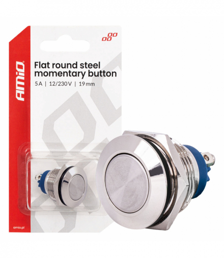 Przycisk chwilowy rozruchu płaski okrągły stalowy 19mm 5A 12/230V AMiO 04436