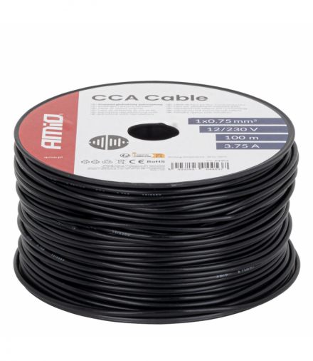 Przewód jednożyłowy czarny Cable CCA 1x0.75mm2 100m 3.75A 12/230V AMiO 04453