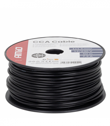 Przewód jednożyłowy czarny CCA 1x1.5mm2 50m 7.5A 12/230V AMiO 04455