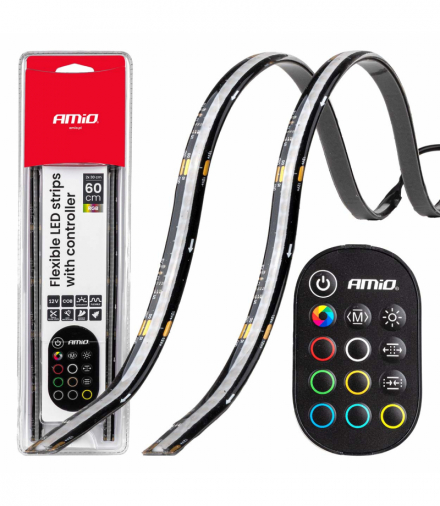 Paski LED COB do samochodu wielobarwne multi kolor RGB z pilotem 2x30cm 12V AMiO 04579
