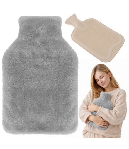 Termofor gumowy w pokrowcu 1800ml, duży gumowy ogrzewacz + milutki, szary, pluszowy pokrowiec, 1,8l Ruhhy 27842 18792
