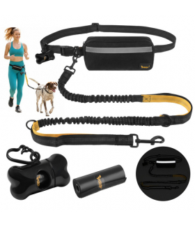 Smycz z pasem biodrowym i amortyzatorem, 2m, do biegania z dużym psem do 50kg, odblaskowa + etui i woreczki Purlov 24689 18793