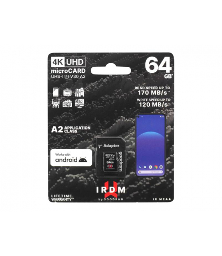 KARTA GOODRAM Micro SD 64GB V30 A2 + adapt. IRDM UHS I U3. LAMEX IRDM64