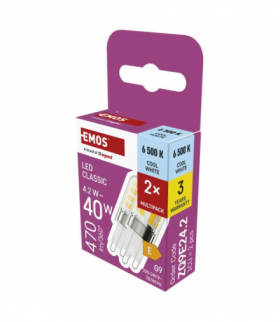 Żarówka LED Classic JC G9, 4.2W (40W), 470lm, Zimna biel 6500K, 2szt. EMOS ZQ9E24.2