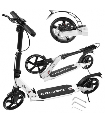 Hulajnoga składana, miejska, duża, dla dzieci, koła 20cm, klasy premium z amortyzacją, hamulcem tarczowym i regulacją wysokości kierownicy, łożyska ABEC-9, kolor biały/czarny Hyperion W Kruzzel 26141 18812