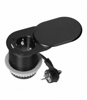 Gniazdo meblowe Ø6cm, wpuszczane w blat z przesuwną pokrywką, ładowarką USB i przewodem 1,9m, 1x2P+Z (French), 2xUSB (typ A+C PD20W), czarne Orno OR-GM-9042(GS)/B