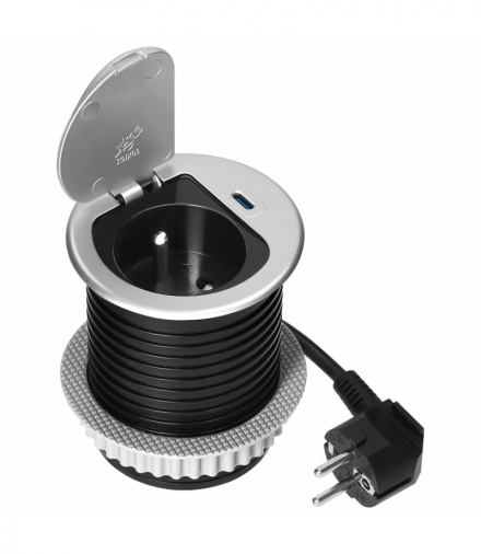 Gniazdo meblowe Ø6cm wpuszczane w blat z pokrywką, ładowarką USB i przewodem 1,9m, 1x2P+Z (French), 1xUSB (typ C PD20W), srebrne Orno OR-GM-9040/G