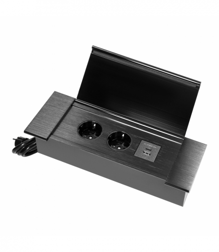 Gniazdo meblowe wpuszczane w blat z płaskim frezowanym rantem, uchylną klapką, ładowarką USB i przewodem 1,5m, 2x2P+Z (Schuko), 2xUSB (typ A+C 3,6A), czarne Orno OR-GM-9048(GS)/B