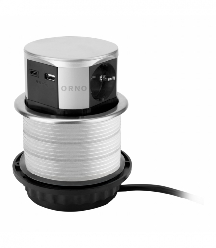 Gniazdo meblowe Ø10cm wysuwane z blatu z ładowarką USB i przewodem 1,5m, 3x2P+Z (Schuko), 2xUSB (typ A+C max. 3A), srebrne Orno OR-GM-9049(GS)/G