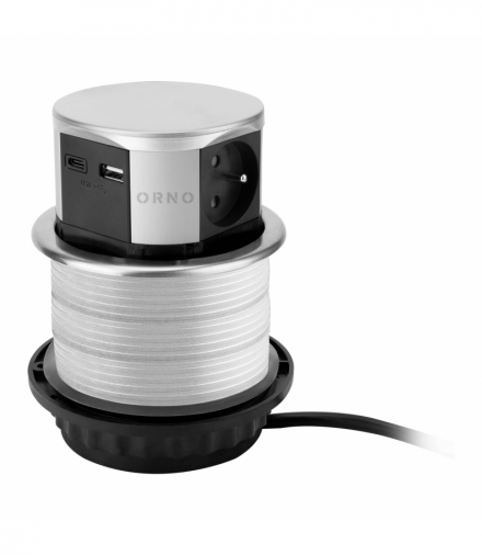 Gniazdo meblowe Ø10cm wysuwane z blatu z ładowarką USB i przewodem 1,5m, 3x2P+Z (French), 2xUSB (typ A+C max. 3A), srebrne Orno OR-GM-9049/G