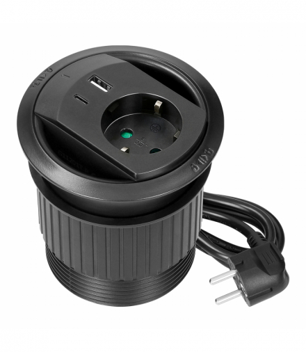 Gniazdo wpuszczane w blat z ładowarką USB, przepustem kablowym, i przewodem 1,4 m, 1x2P+Z (Schuko), 2xUSB (typ A+C PD20W), czarne Orno OR-GM-9051(GS)/B