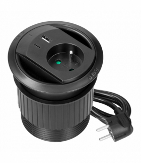 Gniazdo wpuszczane w blat z ładowarką USB, przepustem kablowym, i przewodem 1,4 m, 1x2P+Z (French), 2xUSB (typ A+C PD20W), czarne Orno OR-GM-9051/B