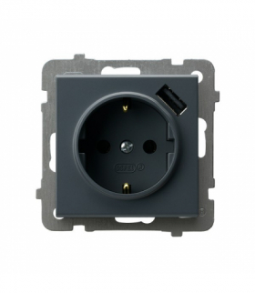 SONATA GP-1RSPUSB/m/73 Gniazdo pojedyncze z uziemieniem schuko z przesłonami torów prądowych, z ładowarką USB Szary grafit Ospel