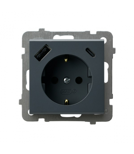 SONATA GP-1RSPUSBAC/m/73 Gniazdo pojedyncze z uziemieniem schuko z przesłonami torów prądowych, z ładowarką USB A+C Szary grafit Ospel