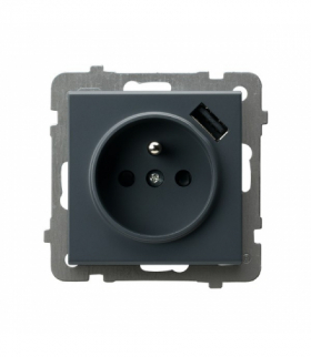 SONATA GP-1RZPUSB/m/73 Gniazdo pojedyncze z uziemieniem z przesłonami torów prądowych, z ładowarką USB Szary grafit Ospel