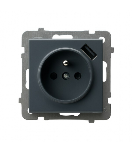 SONATA GP-1RZPUSB/m/73 Gniazdo pojedyncze z uziemieniem z przesłonami torów prądowych, z ładowarką USB Szary grafit Ospel