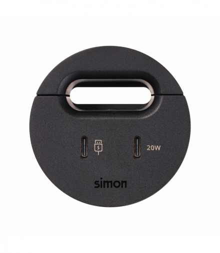 Simon 400 Flash 60, meblowy port USB-C DATA z przepustem kablowym oraz stacją dokującą 1x HDMI + LAN + 3x USB-A w zestawie, IP20, czarny, Wym. montażowe: Ø54mm Simon 400, Flash 60 43134001-038