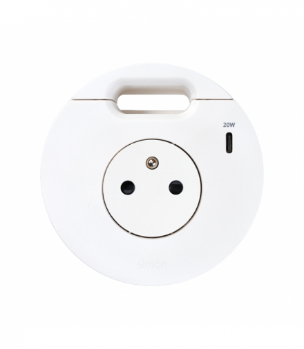 Simon 400 Flash 90, meblowe gniazdo zasilające z uziemieniem (bolec uziemiający) z ładowarką USB-C 20W i przepustem kablowym, IP20, 16A, biały, Wym. montażowe: Ø80mm Simon 400, Flash 90 43331001-230