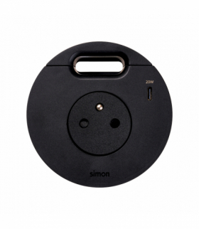 Simon 400 Flash 90, meblowe gniazdo zasilające z uziemieniem (bolec uziemiający) z ładowarką USB-C 20W i przepustem kablowym, IP20, 16A, czarny, Wym. montażowe: Ø80mm Simon 400, Flash 90 43331001-238