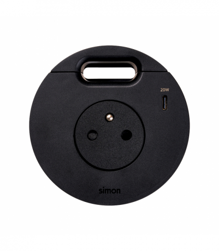 Simon 400 Flash 90, meblowe gniazdo zasilające z uziemieniem (bolec uziemiający) z ładowarką USB-C 20W i przepustem kablowym, IP20, 16A, czarny, Wym. montażowe: Ø80mm Simon 400, Flash 90 43331001-238
