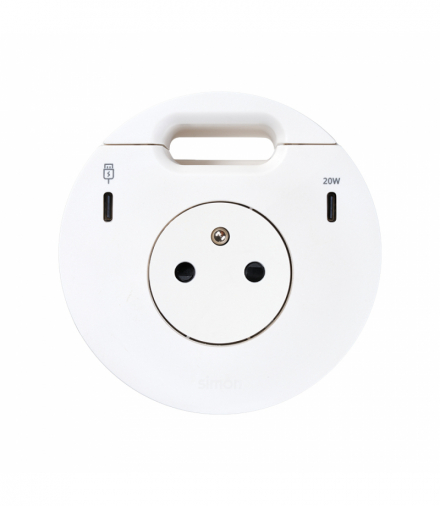 Simon 400 Flash 90, meblowe gniazdo zasilające z uziemieniem z ładowarką USB-C 20W, portem USB-C DATA i przepustem kablowym, stacja dokująca 1xHDMI+LAN+3xUSB-A w zestawie, IP20, 16A, biały, mont: Ø80mm Simon 400, Flash 90 43332301-230