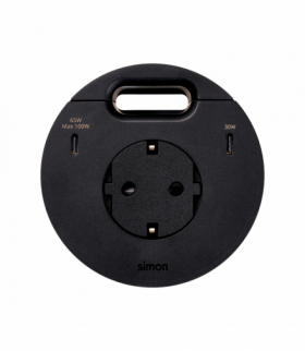 Simon 400 Flash 90, meblowe gniazdo zasilające z uziemieniem (Schuko) z ładowarką USB-C 100W i przepustem kablowym, IP20, 16A, czarny, Wym. montażowe: Ø80mm Simon 400, Flash 90 43351001-138
