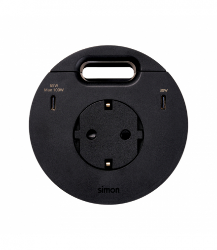 Simon 400 Flash 90, meblowe gniazdo zasilające z uziemieniem (Schuko) z ładowarką USB-C 100W i przepustem kablowym, IP20, 16A, czarny, Wym. montażowe: Ø80mm Simon 400, Flash 90 43351001-138