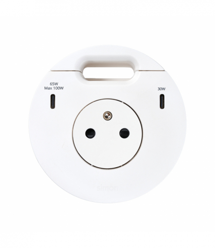 Simon 400 Flash 90, meblowe gniazdo zasilające z uziemieniem (bolec uziemiający) z ładowarką USB-C 100W i przepustem kablowym, IP20, 16A, biały, Wym. montażowe: Ø80mm Simon 400, Flash 90 43351001-230