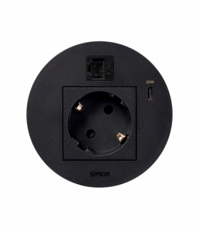 Simon 400 Flash 90, meblowe gniazdo zasilające z uziemieniem (Schuko) z ładowarką USB-C 20W i złączem RJ45 kat. 6 UTP Keystone, IP20, 16A, czarny, mont: Ø80mm Simon 400, Flash 90 KR3310023/14
