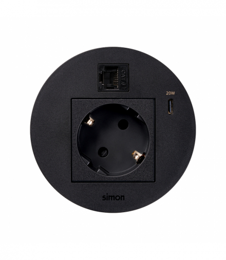 Simon 400 Flash 90, meblowe gniazdo zasilające z uziemieniem (Schuko) z ładowarką USB-C 20W i złączem RJ45 kat. 6 UTP Keystone, IP20, 16A, czarny, mont: Ø80mm Simon 400, Flash 90 KR3310023/14