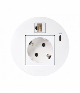 Simon 400 Flash 90, meblowe gniazdo zasilające z uziemieniem (Schuko) z ładowarką USB-C 20W i złączem RJ45 kat. 6 UTP Keystone, IP20, 16A, biały, mont: Ø80mm Simon 400, Flash 90 KR3310023/9