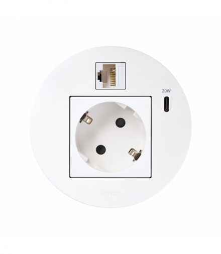 Simon 400 Flash 90, meblowe gniazdo zasilające z uziemieniem (Schuko) z ładowarką USB-C 20W i złączem RJ45 kat. 6 UTP Keystone, IP20, 16A, biały, mont: Ø80mm Simon 400, Flash 90 KR3310023/9
