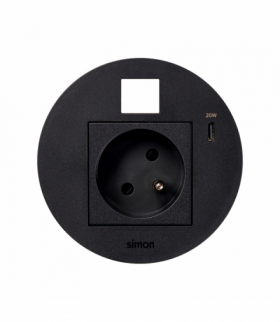 Simon 400 Flash 90, meblowe gniazdo zasilające z uziemieniem z ładowarką USB-C 20W i plakietką RJ45 z mocowaniem Keystone, IP20, 16A, czarny, mont: Ø80mm Simon 400, Flash 90 KR3320013/14