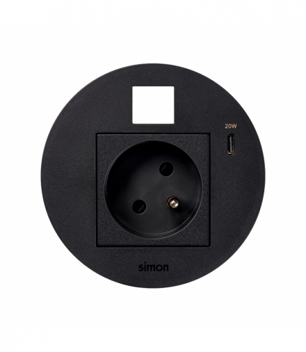 Simon 400 Flash 90, meblowe gniazdo zasilające z uziemieniem z ładowarką USB-C 20W i plakietką RJ45 z mocowaniem Keystone, IP20, 16A, czarny, mont: Ø80mm Simon 400, Flash 90 KR3320013/14